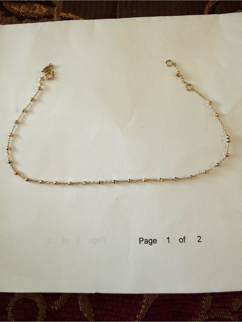 Delicate 10 carat Tri- Tone Gold, Silver and Rose Beaded Anklet -9 inches